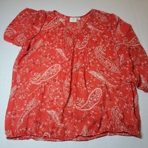 St Johns Bay Womens Pullover Sheer Top Red‎ Floral Paisley Print Size 1X